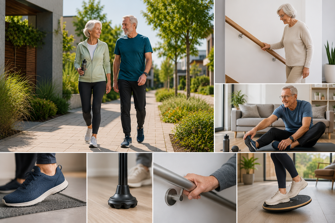 Actieve oudere man en vrouw bewegen veilig en zelfstandig met moderne hulpmiddelen voor stabiliteit, comfort en ondersteuning in huis en buiten.