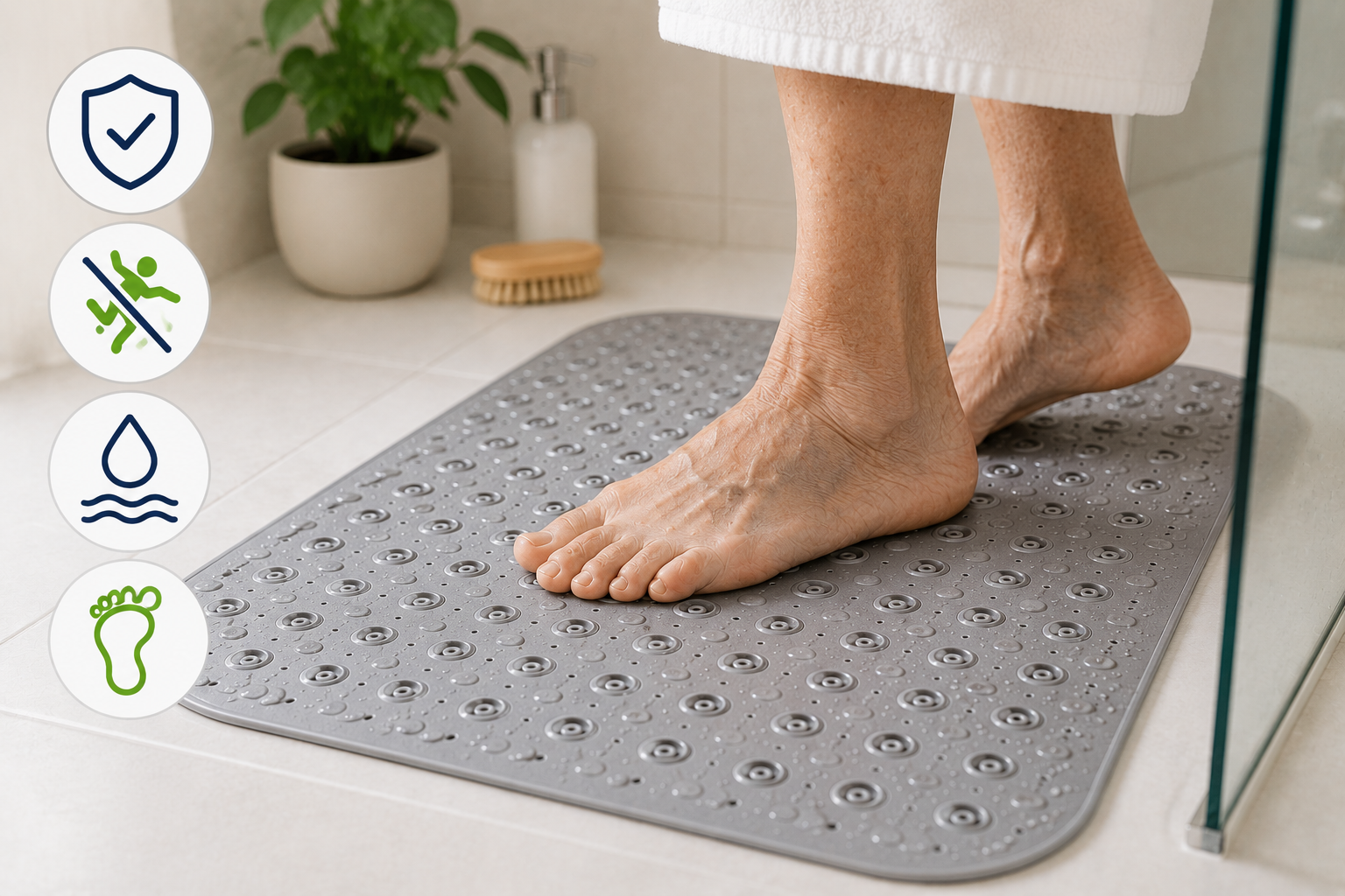 Veilige anti-slip douchemat voor ouderen met extra grip in moderne badkamer.