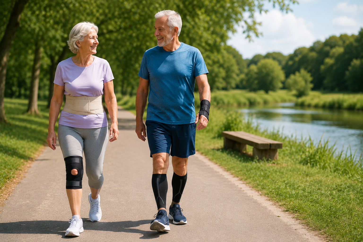 Actieve senior man en vrouw wandelen ontspannen buiten met comfortabele ondersteuning en ergonomische hulpmiddelen voor dagelijks bewegen.