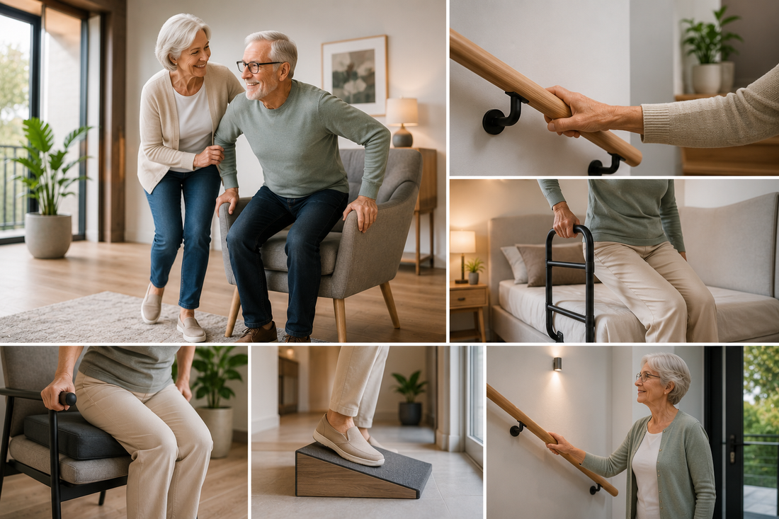 Actieve oudere man en vrouw gebruiken moderne hulpmiddelen voor veilig opstaan en ondersteuning in huis, zoals handgrepen, opstahulp en trapondersteuning.